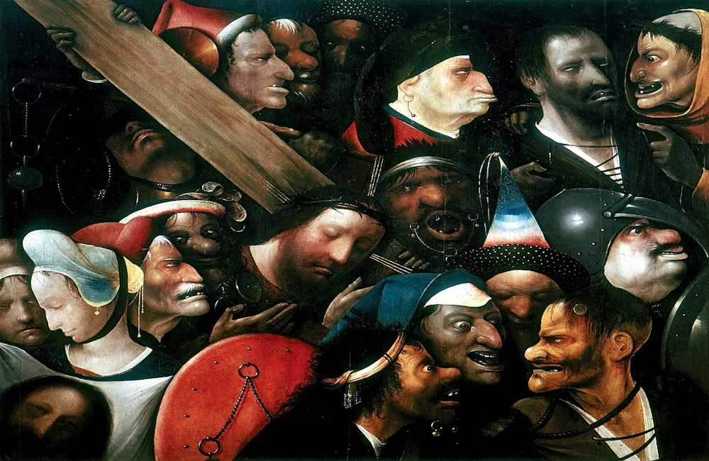 Jesus caryingm the cross surrounded by people