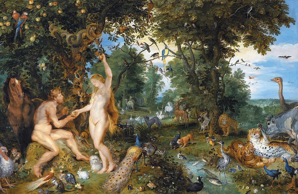 Gardenv of Edencwith Adam, Eve, the wnake, animals