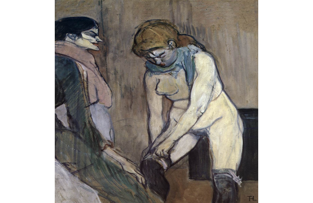 Woman pulling up her stocking, watched by a man, Lautrec