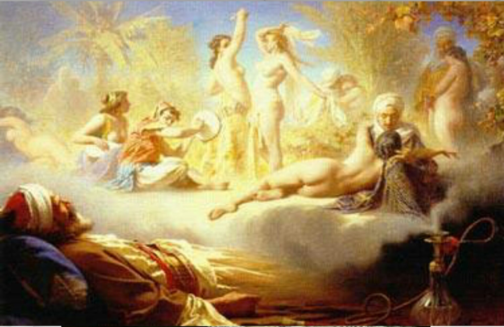 Naked women surrounding muslims in islamic heaven