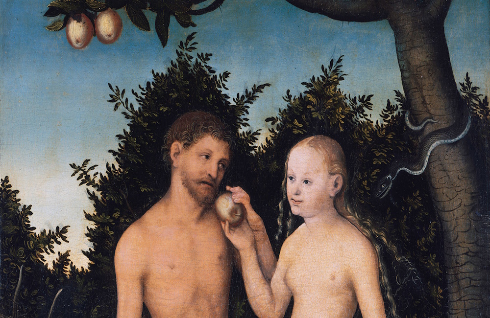 Adam, Eve eating from the apple